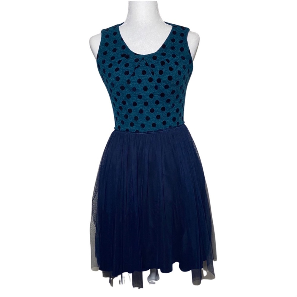 Anthropologie Weston Wear Polka Dot Tulle Dapper Dress Teal and Navy Sz Small